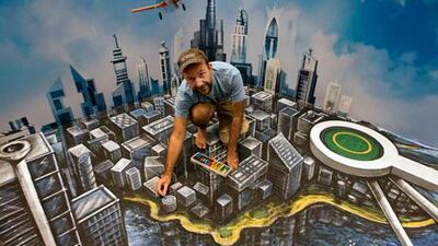 British artist Joe Hill works on his 3D painting of characters from Disney’s new movie Planes flying over Dubai’s landmarks. Jaime Puebla / The National
