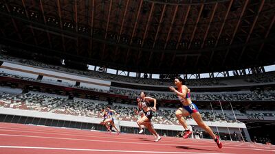 Japan's Ayumi Kaneko, Sae Miyazono, Haruna Oota, Riko Sonomiya and Midori Mikase compete in the women's 100m round 1 heat during the morning session of the athletics test event. Reuters