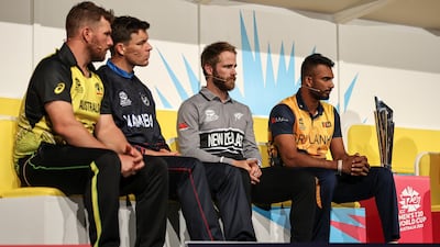 Australia captain Aaron Finch, left, Namibia's Gerhard Erasmus, Kiwi captain Kane Williamson and Sri Lanka captain Dasun Shanaka, right, in Melbourne on Saturday. Getty