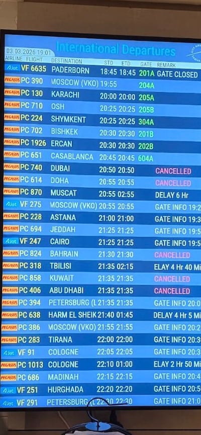 Regional flights show as cancelled from Istanbul Sabiha Gokcen International Airport on March 3. Photo: Paul Hunter