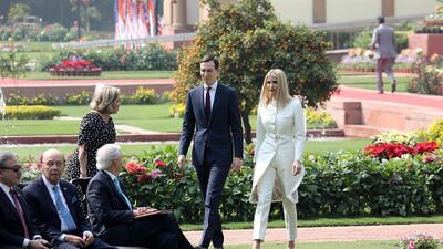 White House senior advisor Ivanka Trump in a classic white silk jacket by Mumbai-based, vegan and environmentalist designer Anita Dongre. AFP
