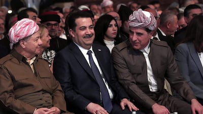 From left, Masoud Barzani, leader of the Kurdistan Democratic Party, and Iraqi Prime Minister Mohammed Shia Al Sudani sit with President of Iraqi Kurdistan Nechirvan Barzani. AFP
