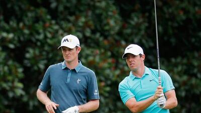 Justin Rose, left, of England and Rory McIlroy of Northern Ireland will tee of at the DP World Tour Championship on Thursday. Kevin C. Cox/Getty Images/AFP