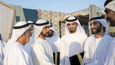 Sheikh Khalifa bin Tahnoon bin Mohammed (2nd L) attends the wedding reception of Hamad Rashed Al Shehhi (not shown) and Ali Rashed Al Shehhi (3rd R), in Ras Al Khaimah. Rashed Al Mansoori / Crown Prince Court — Abu Dhabi