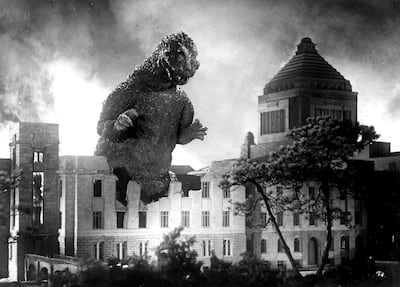Haruo Nakajima in the concrete bodysuit as Godzilla, in 1954. Courtesy Rialto Pictures