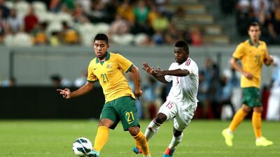 Massimo Luongo of Australia in action durng the international friendly between the UAE and Australia at Mohamed Bin Zayed Stadium on October 10, 2014 in Abu Dhabi, United Arab Emirates. Warren Little/Getty Images