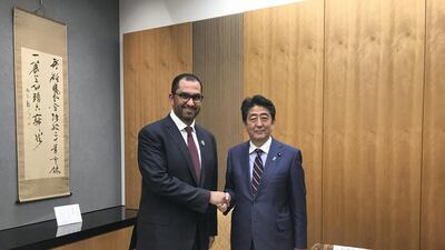 Dr Sultan Al Jaber, UAE Minister of State, and Group CEO of Adnoc, met with Shinzo Abe, Prime Minister of Japan. Courtesy Adnoc