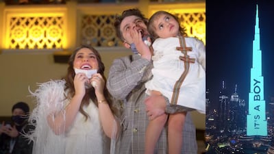 Anas and Asala Marwah, with daughter Mila, broadcast their second child's gender reveal announcement on the Burj Khalifa. YouTube