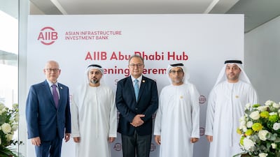 From left, Laval Wong Sick Wah, head of office of AIIB’s interim operational hub; Ahmed Jasim Al Zaabi, chairman of Abu Dhabi Department of Economic Development and of ADGM; Luky Eko Wuryanto, VP and chief administration officer, AIIB; Mohamed Al Suwaidi, director general of Abu Dhabi Fund for Development and the UAE’s alternate governor on the board of governors of the AIIB; and Adel Al Hosani, operations department director, ADFD. Photo: AIIB