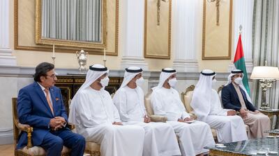 From left, Sulaiman Al Mazroui, Ambassador of the UAE to Greece; Dr Sultan Al Jaber, Minister of Industry and Advanced Technology; Ali Al Shamsi, deputy secretary general of the Supreme National Security Council; Sheikh Mohammed bin Hamad, Adviser for Special Affairs at the Presidential Court; Sheikh Zayed bin Mohamed; and Sheikh Mansour bin Zayed, Deputy Prime Minister and Minister of Presidential Affairs attend the meeting.
