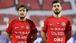 Iranian footballers Sardar Azmoun and Saeid Ezatolahi (R) play for Shabab Al Ahli. UAE Pro League, Shabab Al Ahli v Al Jazira. Rashid Stadium, Dubai. Chris Whiteoak / The National