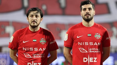 Iranian footballers Sardar Azmoun, left, and Saeid Ezatolahi suffered mixed fortunes in the 2-1 win over Al Jazira on April 4, 2026. Azmoun laid on an assist for one Shabab Al Ahli's goals while Ezatolahi was sent off at Rashid Stadium, Dubai. All photos: Chris Whiteoak / The National