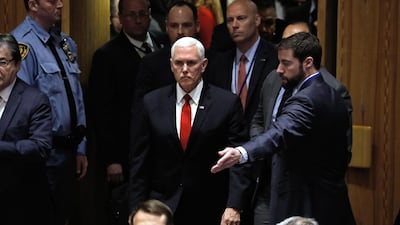 US Vice President Mike Pence arrives at a UN Security Council meeting on Venezuela, in New York, 10 April 2019. EPA