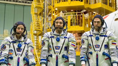 Roscosmos cosmonauts Oleg Kononenko, Nikolai Chub and NASA astronaut Loral O'Hara pose for a picture as they attend space suits and the Soyuz MS-24 spacecraft check-up ahead of their expedition to the International Space Station (ISS) at the Baikonur Cosmodrome, Kazakhstan, August 30, 2023. Andrey Shelepin/GCTC/Roscosmos/Handout via REUTERS ATTENTION EDITORS - THIS IMAGE HAS BEEN SUPPLIED BY A THIRD PARTY. MANDATORY CREDIT.