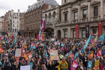 Striking teachers in central London in 2023. The new Labour government is trying to reduce UK industrial action, but there are concerns over inflation-busting pay awards. Getty Images