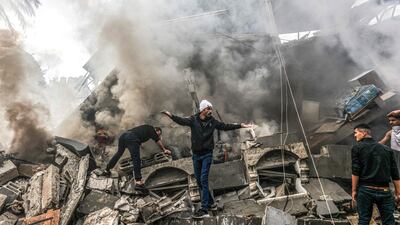 Palestinians survey the rubble of destroyed buildings following an Israeli bombardment in Rafah, in the southern Gaza Strip. AFP