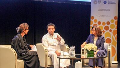 Composer Mohammed Fairouz (centre) and writer Maha Gargash (right) have collaborated to create the UAE's first opera. Courtesy Dubai Expo 2020