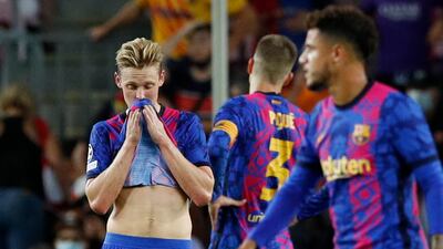 A frustrated Barcelona's Frenkie de Jong after Bayern Munich's third goal. Reuters