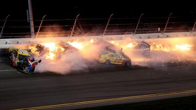 A fire breaks out during the crash at the at Daytona International Speedway. AFP