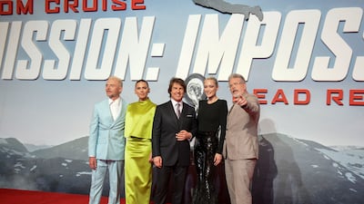 From left, cast members Pegg, Hayley Atwell, Cruise, Klementieff and director Christopher McQuarrie