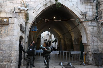 Israeli border police block an alleyway leading to the Western Wall in Jerusalem. EPA