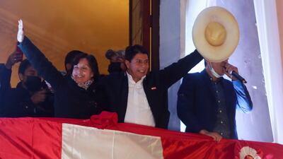 Leftist Pedro Castillo celebrates from the headquarters of the "Free Peru" party after Peru's electoral authority announced him as the winner of the presidential election, in Lima.
