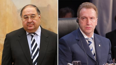 The UK assets of Alisher Usmanov, left, and Igor Shuvalov have been frozen in the latest tranche of British government sanctions. Getty Images/AFP
