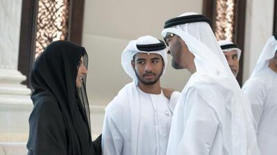 Sheikh Mohamed bin Zayed speaks to top performing pupils of Grade 12 in the UAE during a meeting at Al Bateen Palace. Mohamed Al Hammadi / Ministry of Presidential Affairs
