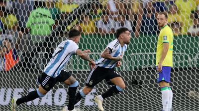 Nicolas Otamendi begins to celebrate after scoring for Argentina against Brazil. Reuters