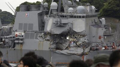 The damaged USS Fitzgerald at the US naval base in Yokosuka, south-west of Tokyo. Eugene Hoshiko / AP Photo