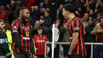 Bournemouth's Dominic Solanke celebrates scoring their first goal against Newcastle with teammate Antoine Semenyo. Reuters