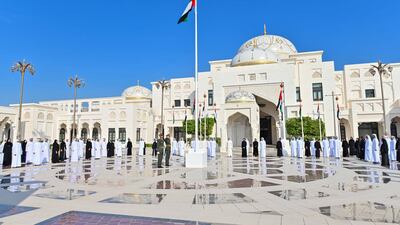 UAE flag raised at at Abu Dhabi’s Qasr Al Watan, in the presidential palace compound. Wam