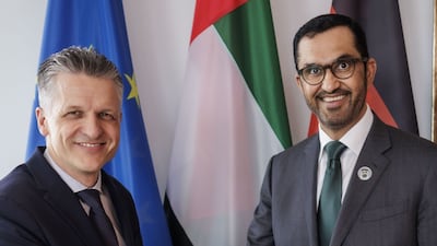 Dr Sultan Al Jaber, Minister of Industry and Advanced Technology and UAE Special Envoy to Germany, and Germany's head of the Federal Chancellery, Thorsten Frei. Wam