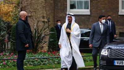 British Prime Minister Boris Johnson (l) praised Crown Prince of Abu Dhabi and Deputy Supreme Commander of the Armed Forces, Sheikh Mohamed bin Zayed for the efficient manner in which the UAE has dealt with Covid-19. Reuters