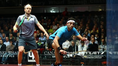 Mohammed El Shorbagy of Egypt in action against James Willstrop during their semi-final match in the Canary Wharf Squash Classic on March 21, 2013, in London, England. Jordan Mansfield / Getty Images