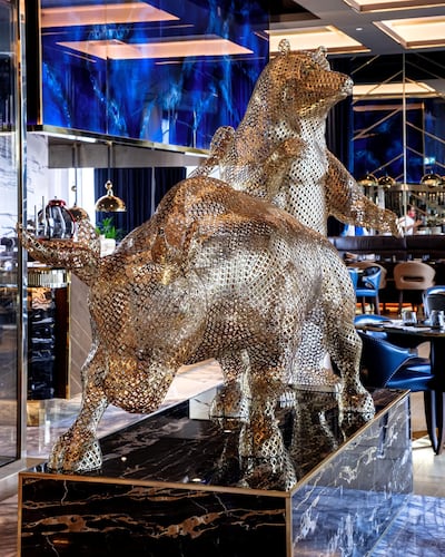 The decor at Bull & Bear is dominated by a namesake sculpture