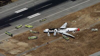 The Boeing 777 airplane lies burned on the runway after it crash landed at San Francisco International Airport. Ezra Shaw/Getty Images/AFP