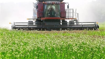 Contract farming brings technology and expertise that can spread out to boost domestic food supply. Above, a Central Illinois farmer uses a combine to harvest his winter wheat crops.