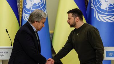 Volodymyr Zelenskyy and UN chief Antonio Guterres shake hands after a joint news briefing in Kyiv. Reuters