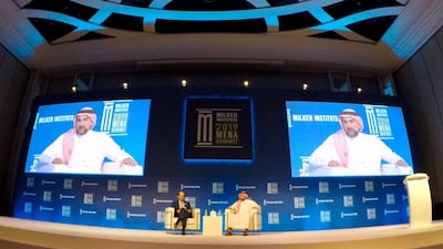 Managing Director of the Public Investment Fund Yasir Othman Al Rumayyan speaking at the Milken Institute on Wednesday. Pawan Singh / The National