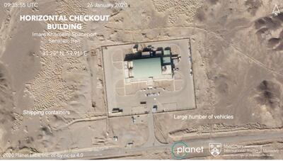 A satellite image from Planet Labs Inc. on January 26, 2020, shows activity at the Imam Khomeini Space Centre in Iran's Semnan province that suggests Iran is preparing to launch a satellite into space. Planet Labs Inc. Middlebury Institute of International Studies via AP
