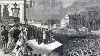 Ulysses S. Grant and Schuyler Colfax taking the oath of office administered by Chief Justice Salmon P. Chase on the east portico of the U.S. Capitol in Washington, D.C, March 4th 1869, before a large crowd. Getty Images