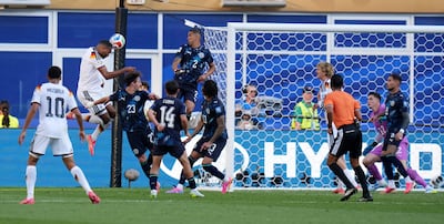 Germany's Jonathan Tah scores a goal that was later disallowed. Reuters