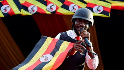 Ugandan presidential candidate Robert Kyagulanyi, also known as Bobi Wine, addresses the crowd at his campaign rally in Kampala. Reuters