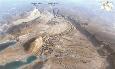 An illustration by Lina Jakaite and Andrew Madof of the Eastern Mediterranean about 5.5 million years ago.