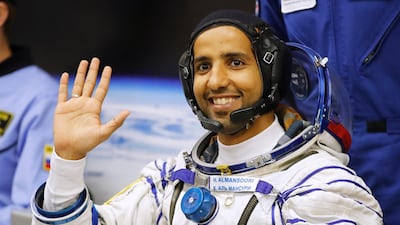 Hazza Al Mansouri waves prior the launch of Soyuz MS-15 space ship. Dmitri Lovetsky / AP