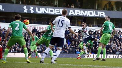 Spurs’ Christian Eriksen scores their first goal against Sunderland on Saturday in the Premier League. Paul Childs / Action Images / Reuters