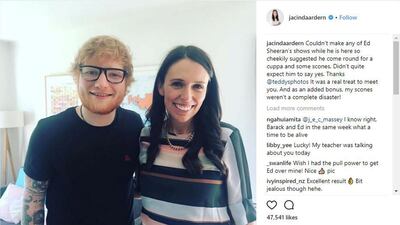 Jacinda Ardern poses with Ed Sheeran after she "cheekily suggested" he pop over to her house for a "cuppa and scones". Instagram.