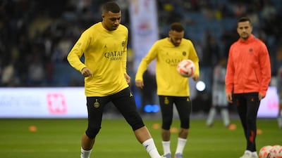 PSG''s Kylian Mbappe and Neymar warm up. AFP