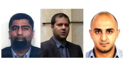 From left: Hussain Asad Chohan, Nasser Ahmed and Adam Umerji, alias Shafiq Patel, have all been convicted in absentia and are thought to be in Dubai.